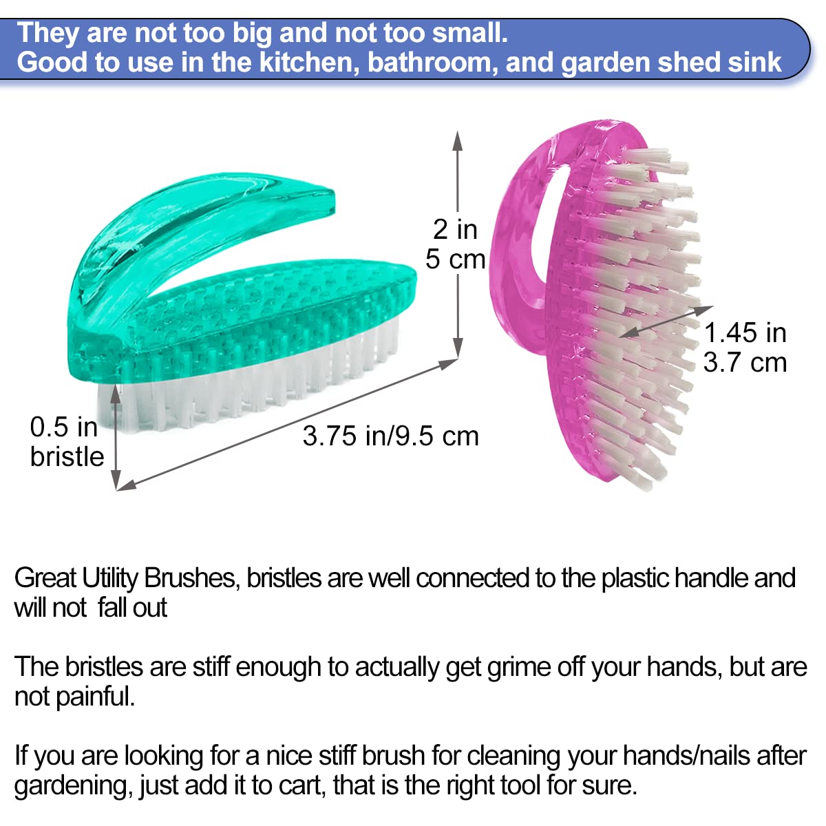Handle Grip Nail Brush for Cleaning Fingernails Hands & Under Nails, Stiff Bristle Mechanic Scrub Brush Cleaner for Men Women, Pedicure Scrubbing Tool Kit (2 Pink + 2 Green)