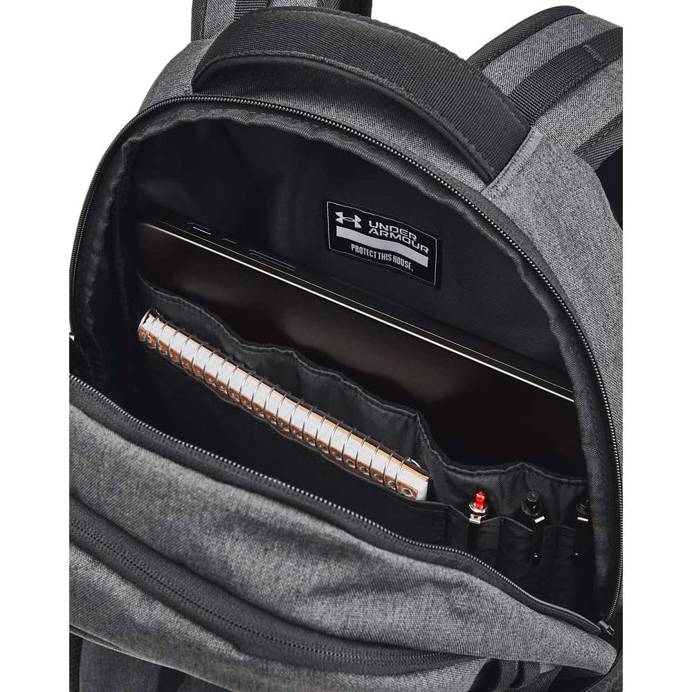 Under Armour Unisex-Adult Hustle 6.0 Backpack, (005) Black Full Heather/Black/Metallic Gold, One Size Fits Most
