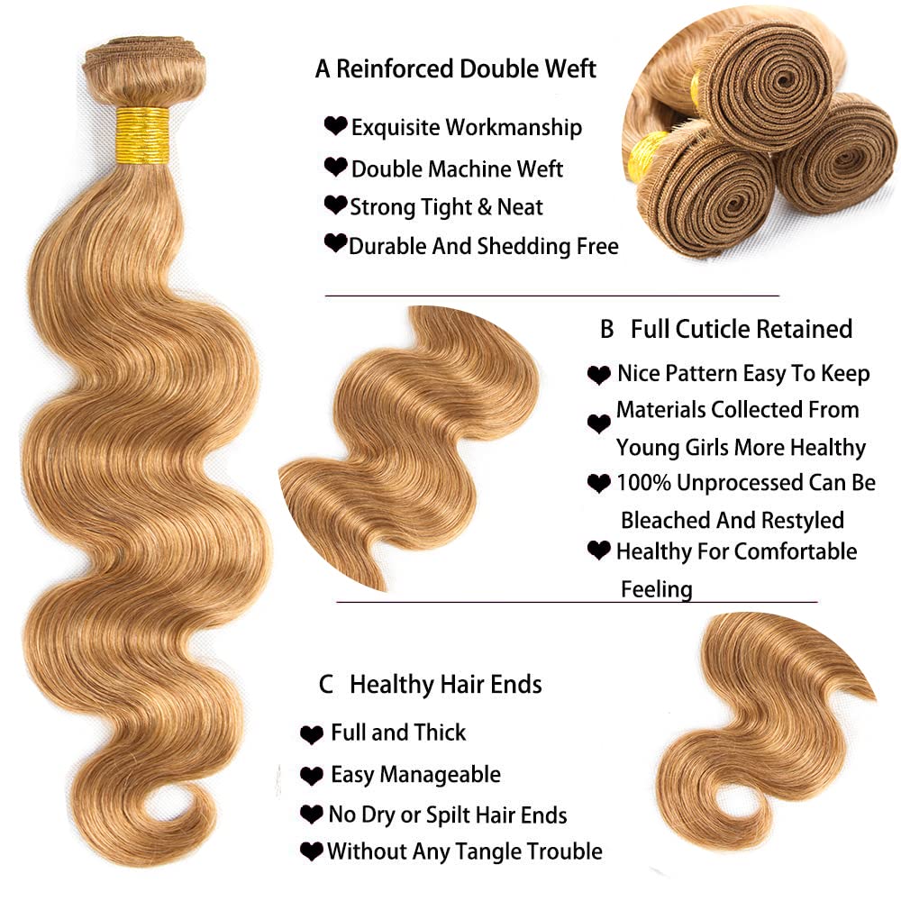 34 34 Inch Color 27 Blonde Bundles 27 Body Wave Bundles Human Hair Unprocessed Brazilian Remy Hair 2 Bundles Honey Blonde Body Wave Bundles Double Weft 27 Bundles Hair Weave
