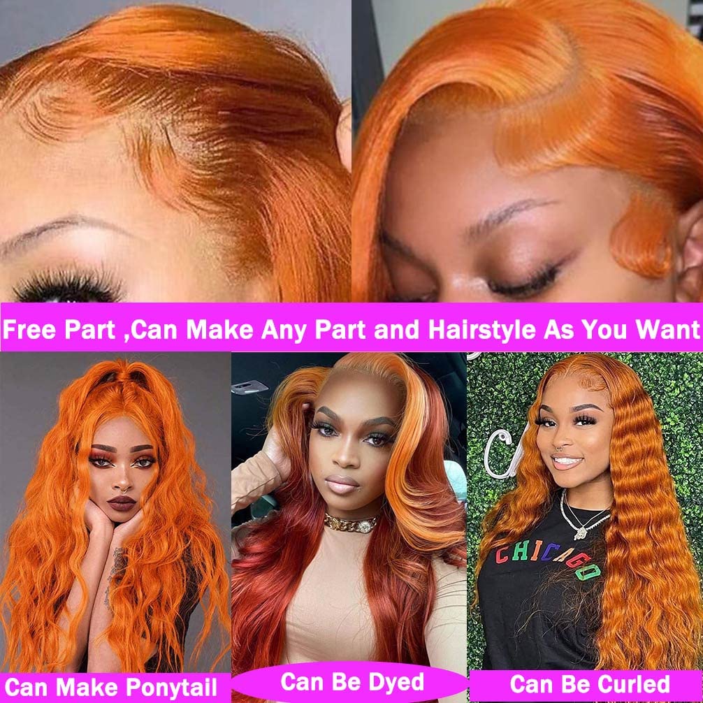 13X4 Orange Ginger Lace Front Wigs Human Hair Pre Plucked Brazilian Colored Body Wave Human Hair Wigs for Black Women HD Lace Frontal Wigs Human Hair 180% Density (28 Inches)