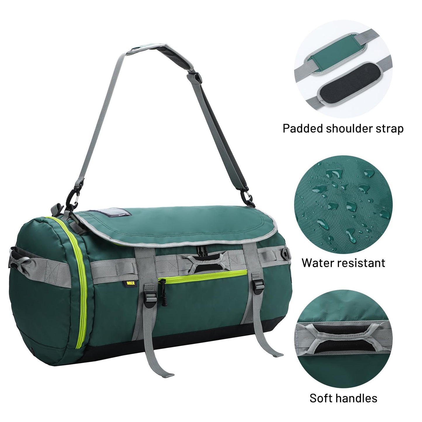 MIER Large Duffel Backpack Sports Gym Bag with Shoe Compartment, Heavy Duty and Water Resistant, Green, 45L
