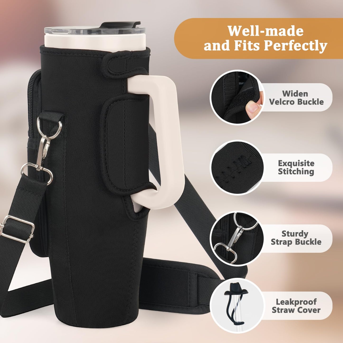 Water Bottle Carrier Bag with Phone Pocket and 2 Straw Covers Compatible with Stanley/Meoky/BrüMate 40 oz Tumbler with Handle,Water Bottle Holder with Adjustable Strap Fits for Stanley Cup Accessories
