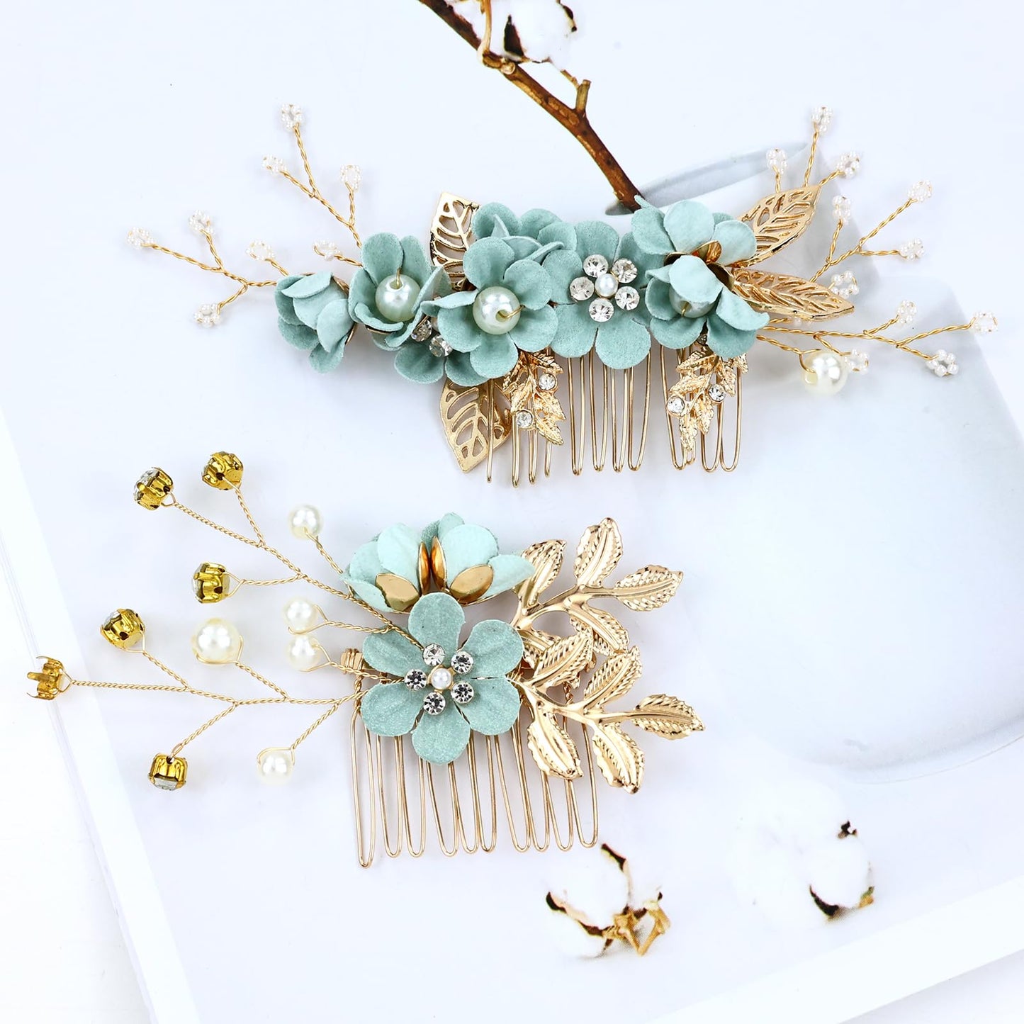 Cinaci 18 Pieces Bridal Wedding Party Prom Pearl Rhinestone Light Green Flower Hair Side Combs Slides+U-shaped Flower Hair Pins+Twist Spiral Hairpins Floral Headpieces for Brides Bridesmaids Women Gir