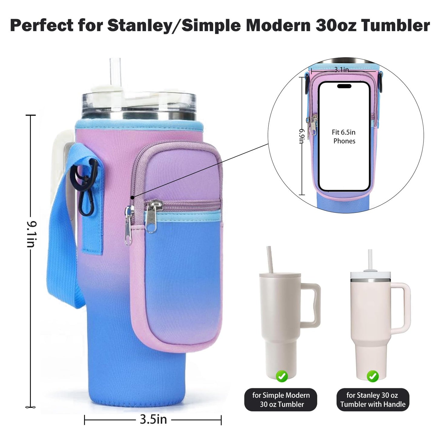 GOEWY Water Bottle Carrier Bag for Stanley 30oz Tumbler with Phone Pocket Water Bottle Holder with Strap Neoprene Water Bottle Pouch for Stanley Cup Accessories