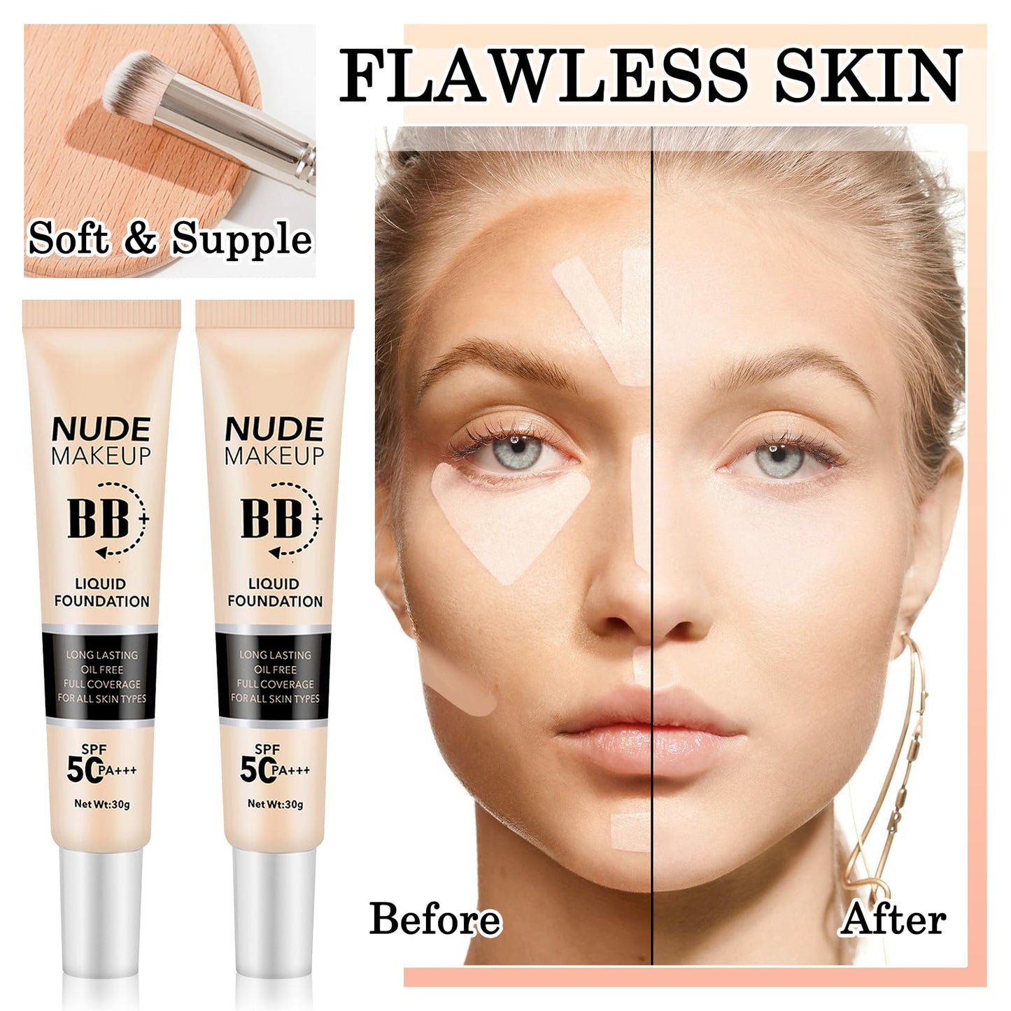 2PCS Full Coverage Concealer Foundation Set,Moisturizing BB Cream,Long Lasting Hydrating Lightweight CC Cream with Makeup Brush,Oil Control Face Moisturizer SPF 50 PA++++ Sunscreen（C）