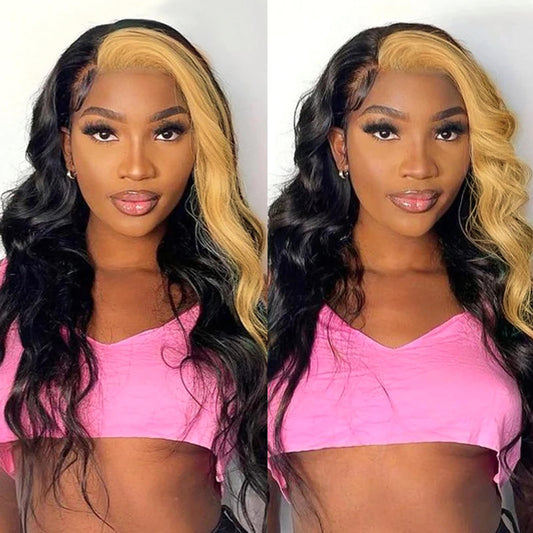 haha Honey Blonde Highlight Lace Front Wig Human Hair 1B/27 Black Light Brown Skunk Stripe Human Hair Wig Lace Front Pre Plucked 13x4 Glueless Body Wave Lace Frontal Wig 32 Inch 180% Density