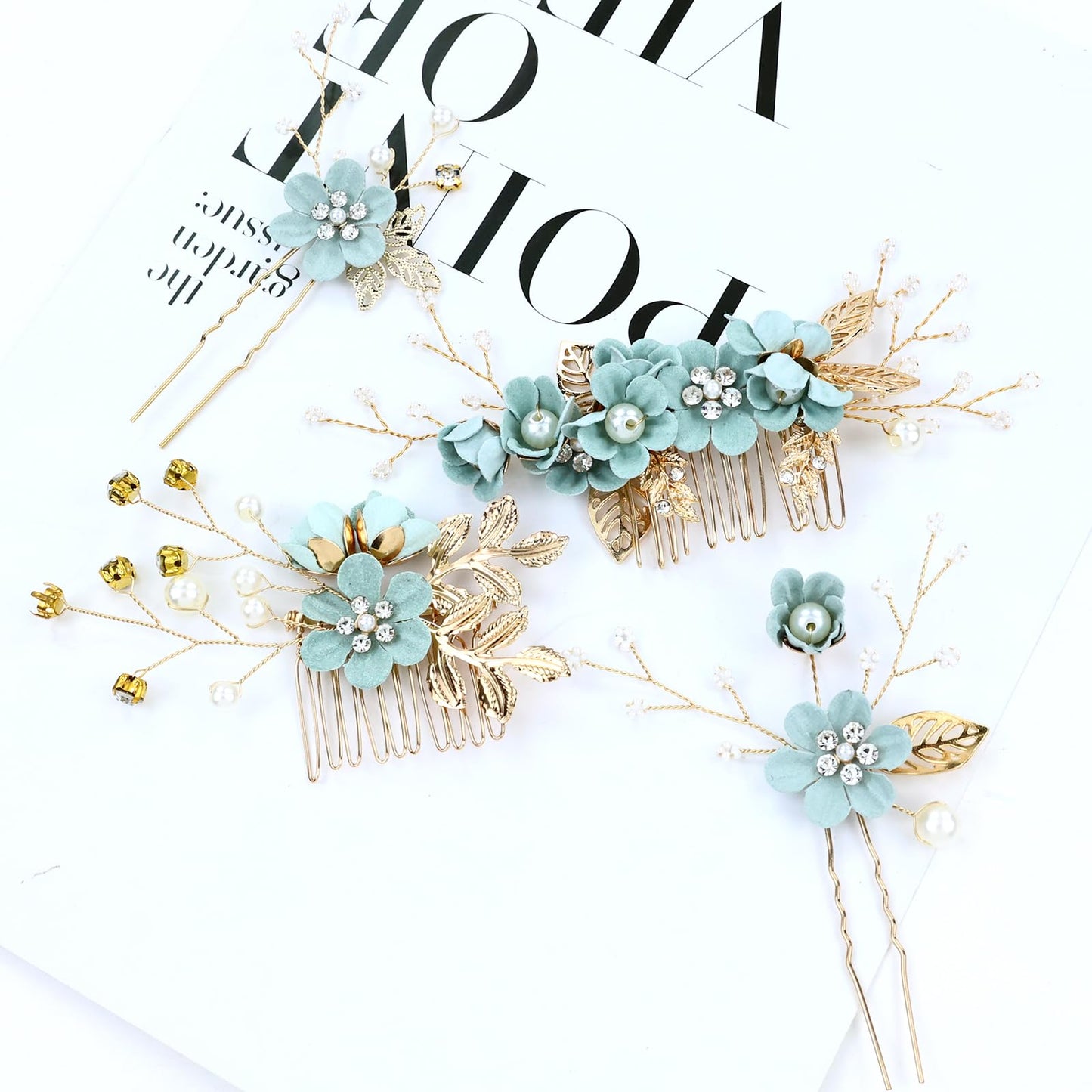 Cinaci 18 Pieces Bridal Wedding Party Prom Pearl Rhinestone Light Green Flower Hair Side Combs Slides+U-shaped Flower Hair Pins+Twist Spiral Hairpins Floral Headpieces for Brides Bridesmaids Women Gir