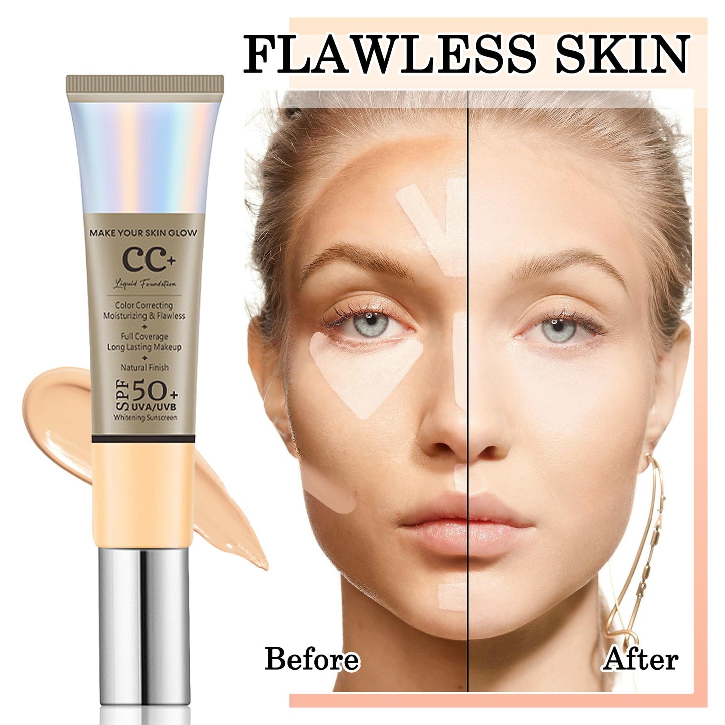 2PCS Full Coverage Concealer Foundation Set,Moisturizing BB Cream,Long Lasting Hydrating Lightweight CC Cream with Makeup Brush,Oil Control Face Moisturizer SPF 50 PA++++ Sunscreen（E）