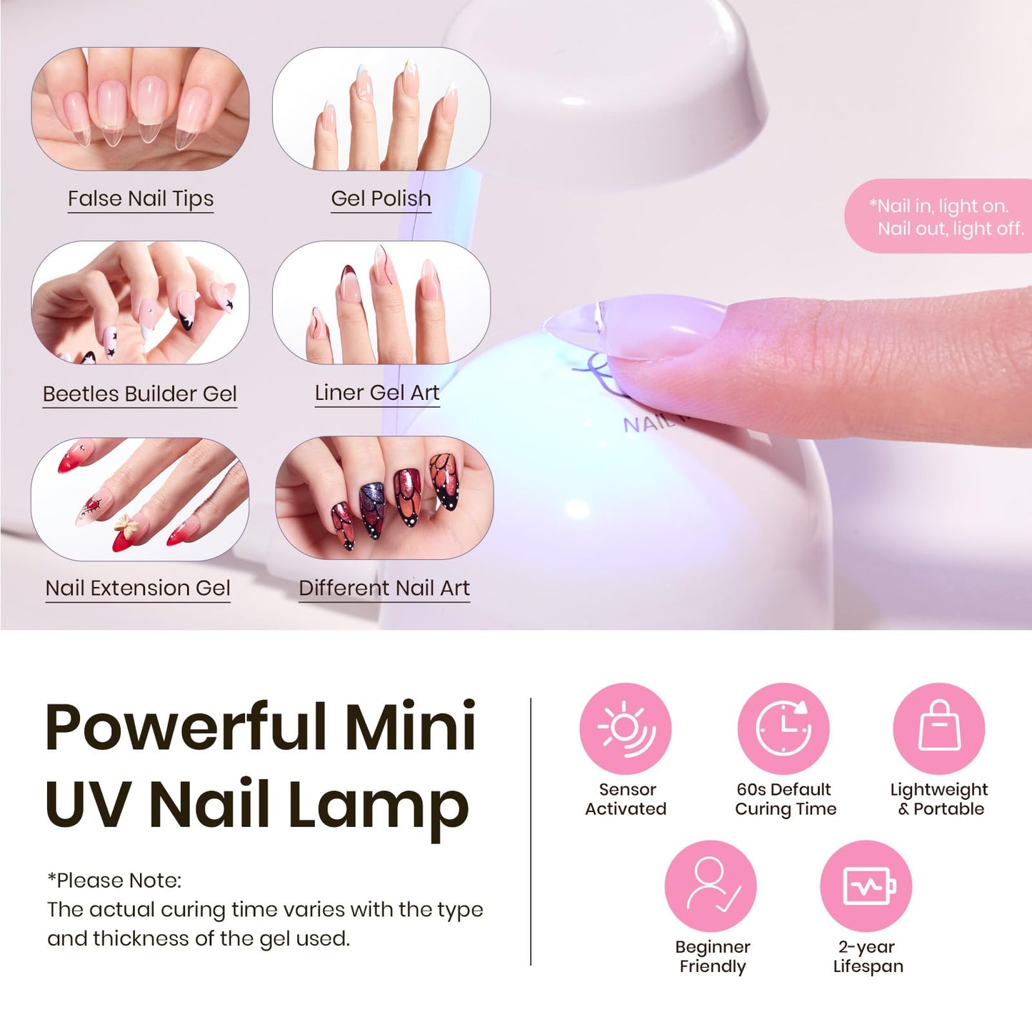 Beetles Tipex Gel Nail Kit, Medium Almond Nail Tips 224 Pcs Pre-Building Pre-Etched Almond False Nail Tips with UV Nail Glue, LED Mini Nail Lamp Thick Acrylic Nail Set for Women