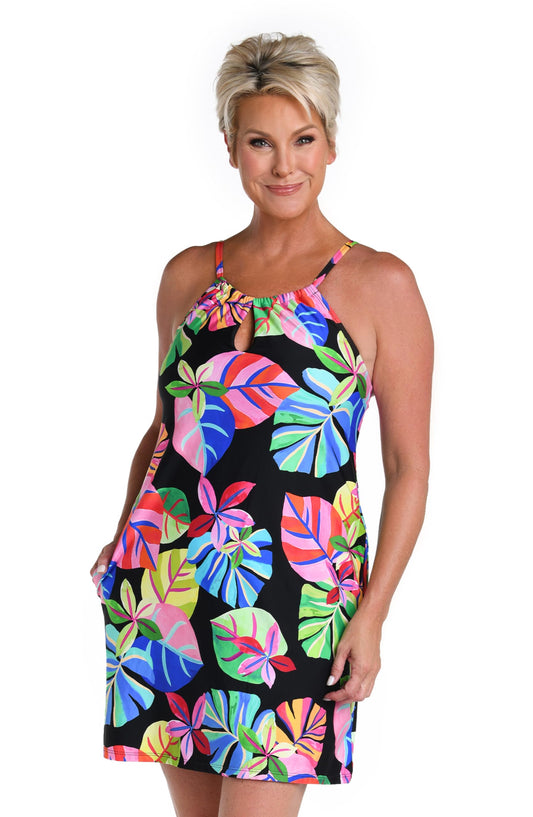 24th & Ocean Women's Standard High Neck Dress Swimsuit Cover Up, Multi//Tropiflage