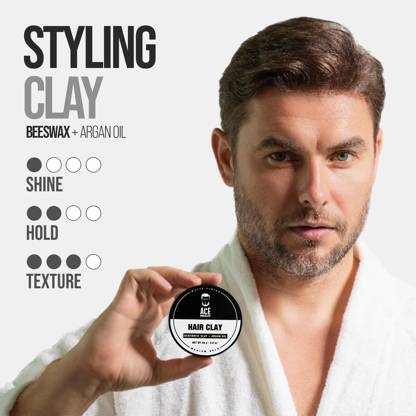 AceMan Hair Styling Clay - Medium Hold Matte Finish - Creates Volume & Texture - No Shine or Grease - Molding Cream For Men - Barber Approved (2.8 Oz)