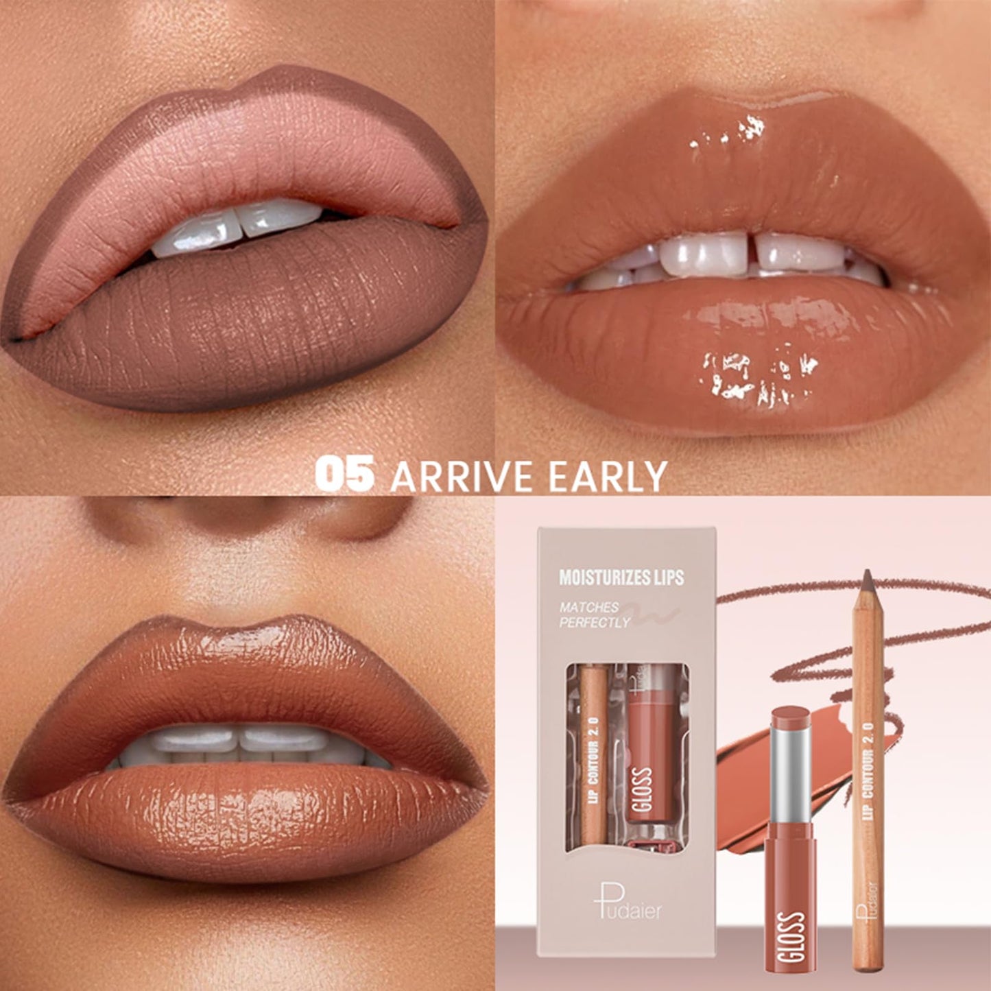 2Pcs Lip Liner and Lipstick Combo, Highly Pigmented Lip Liner and Lipstick Set for women, Long Lasting Matte Lip Pencil and Hydrating Lip Balm Lip Gloss Makeup Kits with Sharpener