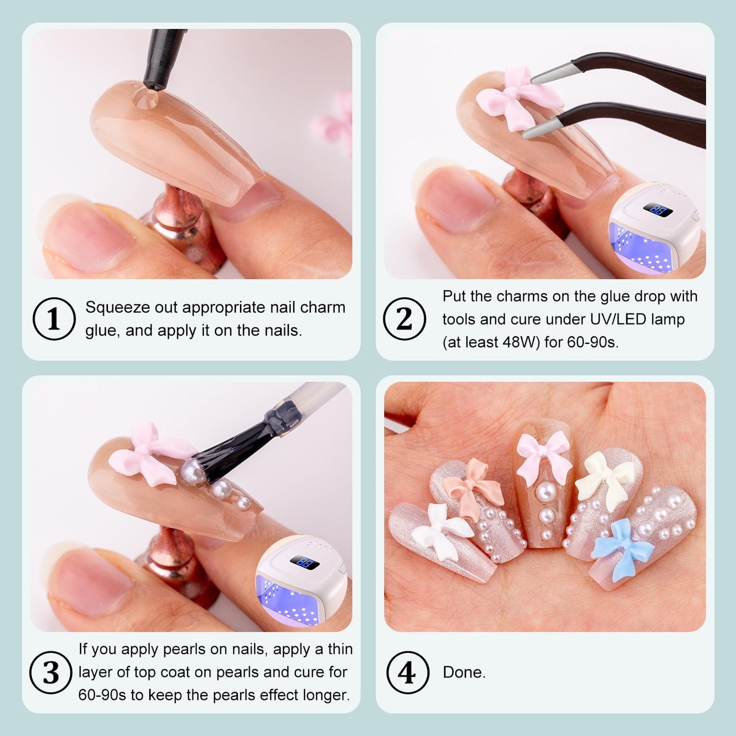 3D Nail Charms and Flatback Pearls #2, 600 Pcs Pink White Black Multi Styles Bowknot Charms + Pink&White Star Heart Nail Jewels + 2-6mm White Nail Pearls for Nail Art Design with Pickup Tools
