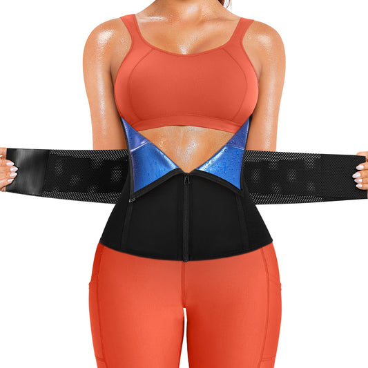 SCARBORO Waist Trainer for Women Belly Fat Sauna Sweat Waist Trimmer Corset for Stomach Wrap Workout Belt Shaper Band Zipper (Black-blue inner, Small)
