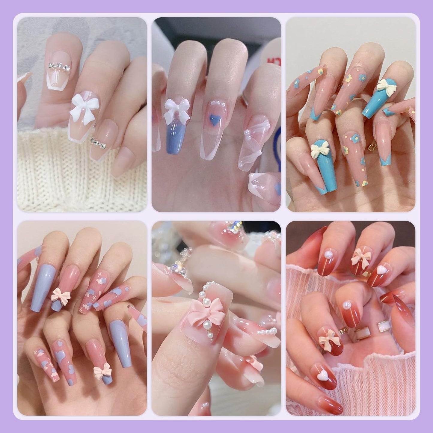 120pcs 3D Nail Bow Charms & Pearls Set - Pink, White, Black Bow Charms & White Flatback Pearls with Glue Gel (UV Needed) & Pickup Tools