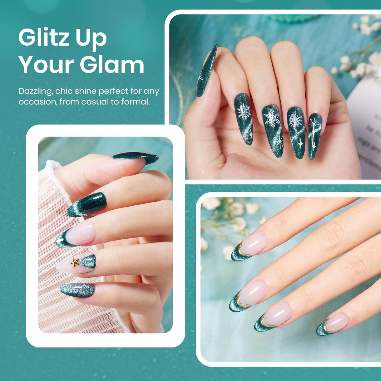 Beetles Green Cat Eye Gel Nail Polish, 15ml Glitter Gel Polish with Magnet Shimmer Green Velvet Soak Off UV LED Nail Lamp Nail Art DIY Home Manicure Design Gift for Women