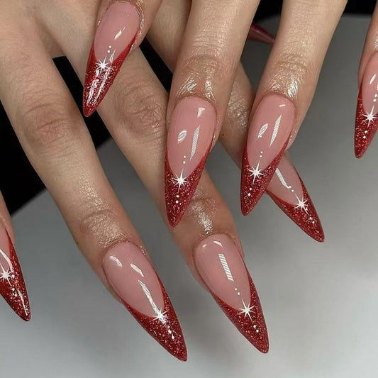 Red French Tip Press on Nails Glitter Fake Nails with Star Design Nude Glue on Nails Acrylic Full Cover Glossy Stick on Nails Long Stiletto False Nails for Women Manicure 24Pcs