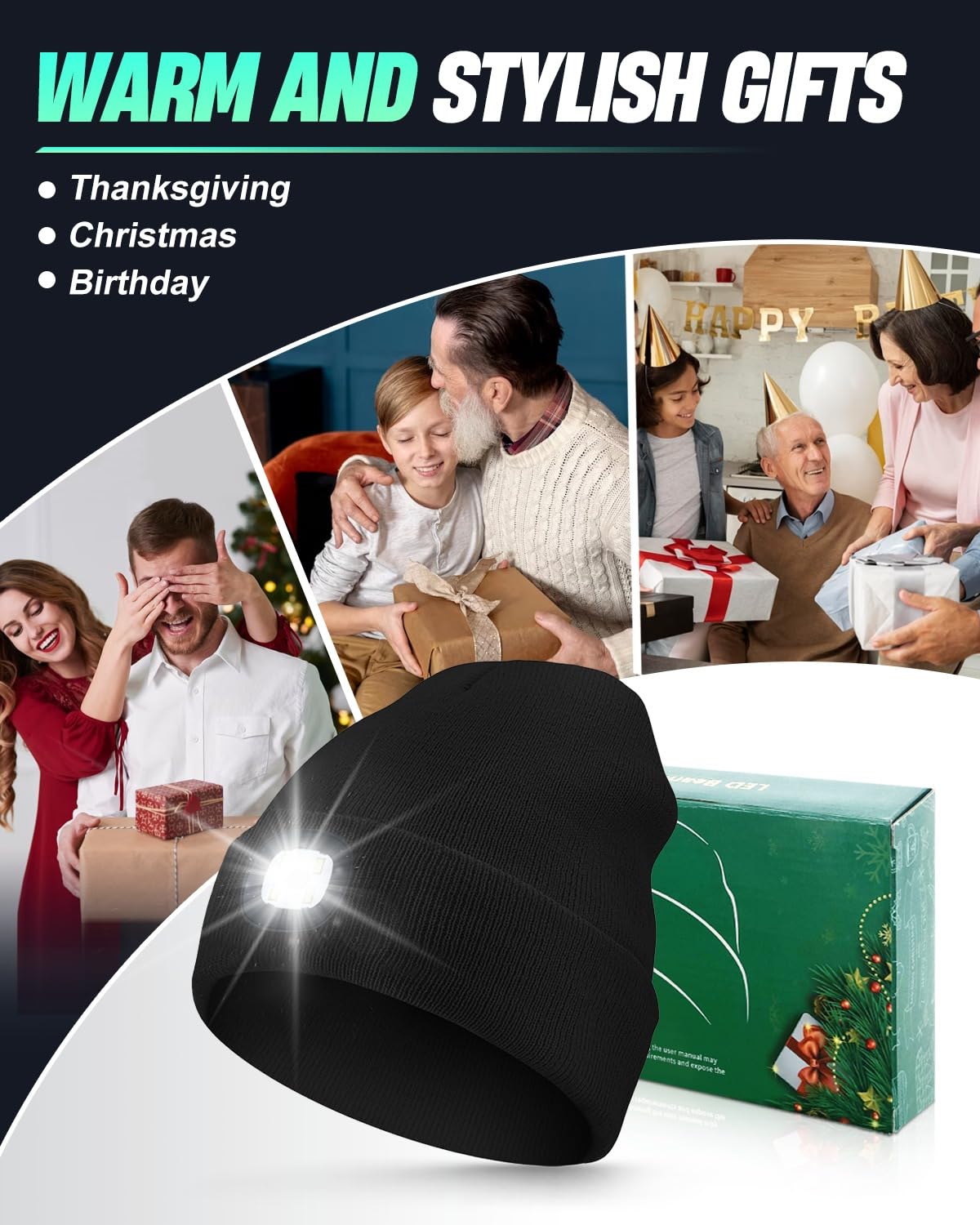 MOXTOYU Unisex Beanie with Light, USB Rechargeable LED Headlamp Hat, Christmas Stocking Stuffers Gifts Warm Knitted Cap for Men Women Dad Mom Black