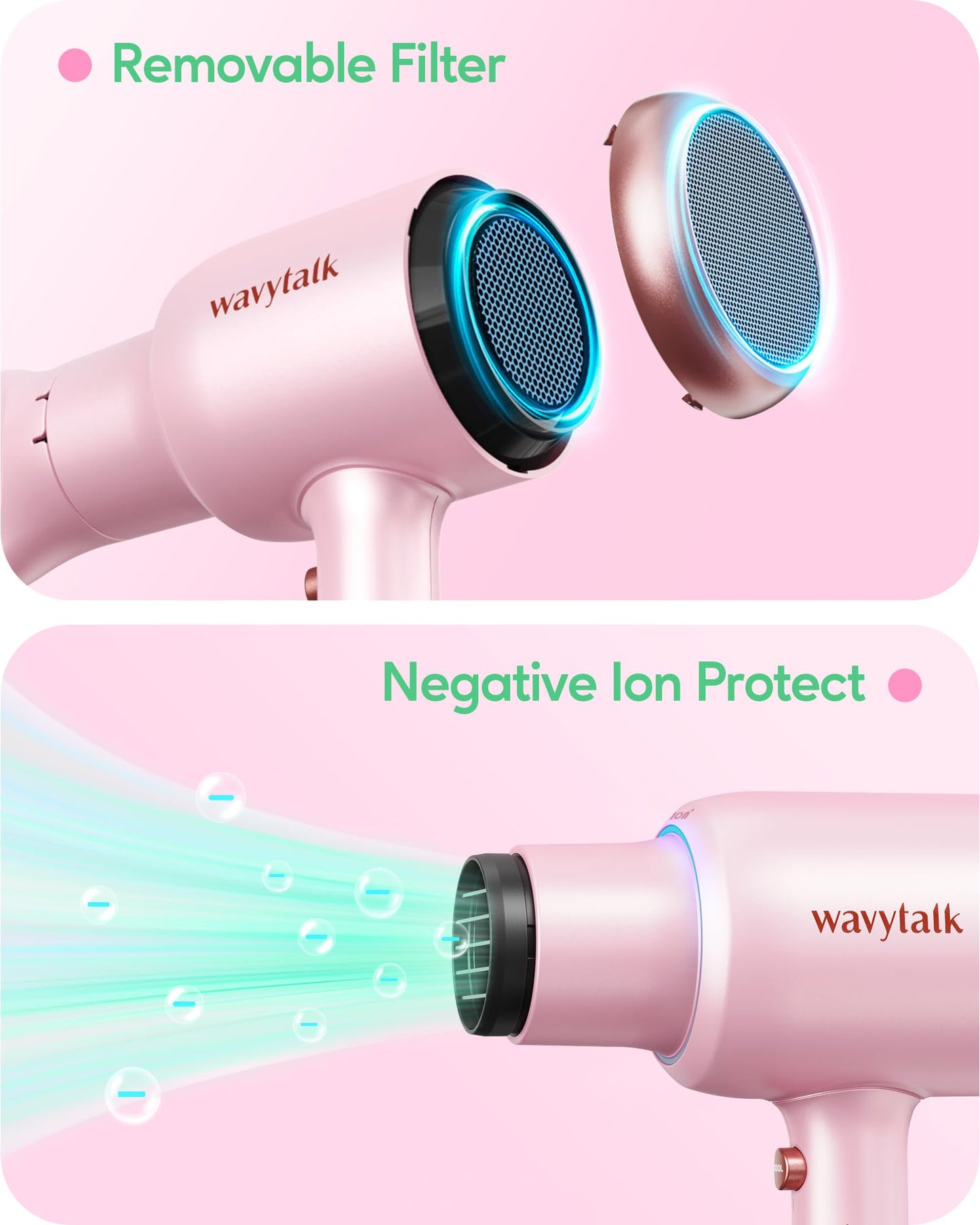 Wavytalk Hair Dryer with Diffuser, Blown Away Ionic Blow Dryer for Curly Hair with Comb, 1875W Fast Drying Hair Dryer with Ceramic Technology, 3 Attachments for All Hair Types, Light and Quiet, Pink