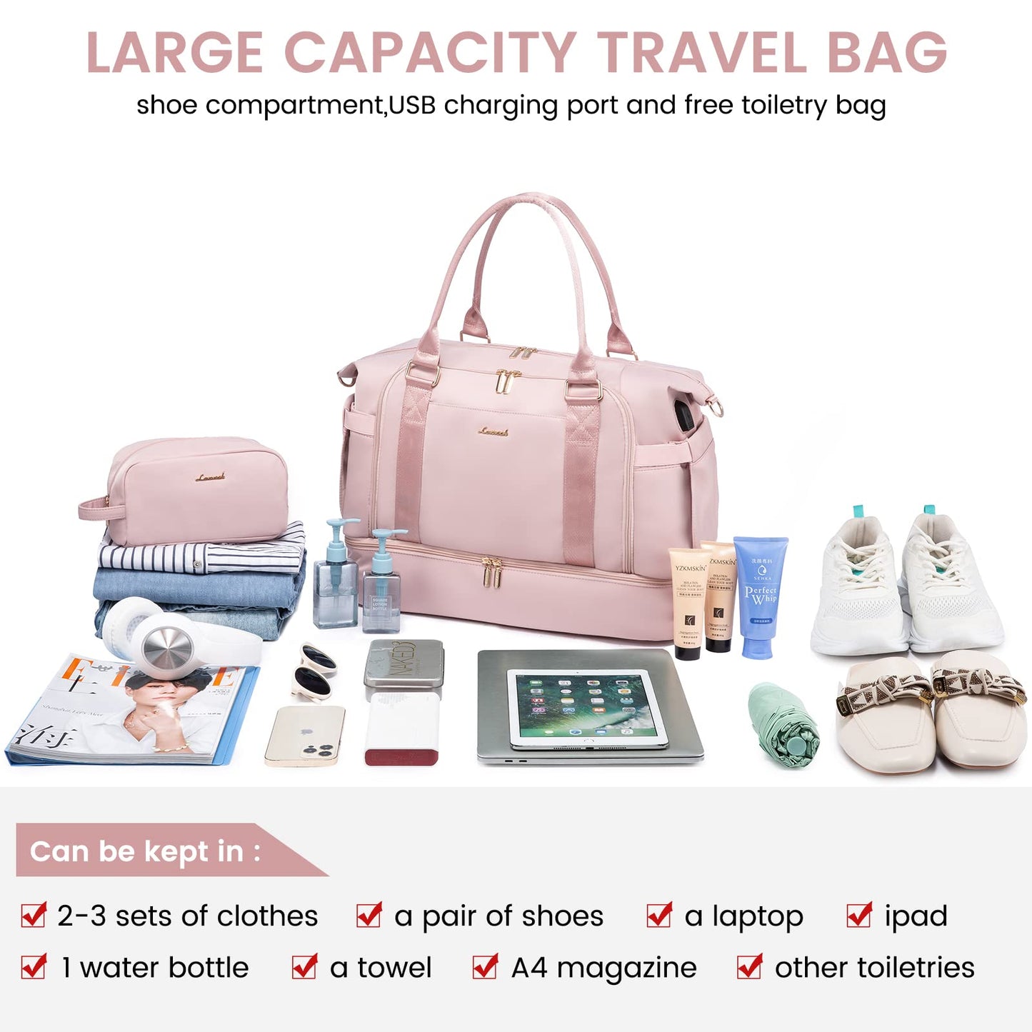 Gym Bag LOVEVOOK Travel Duffel Bag with USB Charging Port,Weekender Bags for Women with Shoe Compartment,Carry on Overnight Bag with Toiletry Bag,Hospital Bags for Labor and Deliver