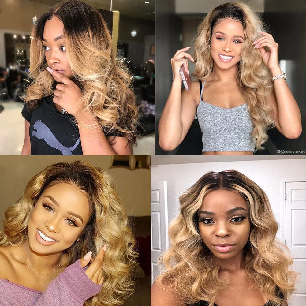 1b27 Human Hair Bundles Ombre Blonde Body Wave Bundles 8A Peruvian Virgin Human Hair 3 Bundles 12 14 16 Inch Two Tone Black and Blonde Bundles Hair Extensions Blonde Body Wave Bundles