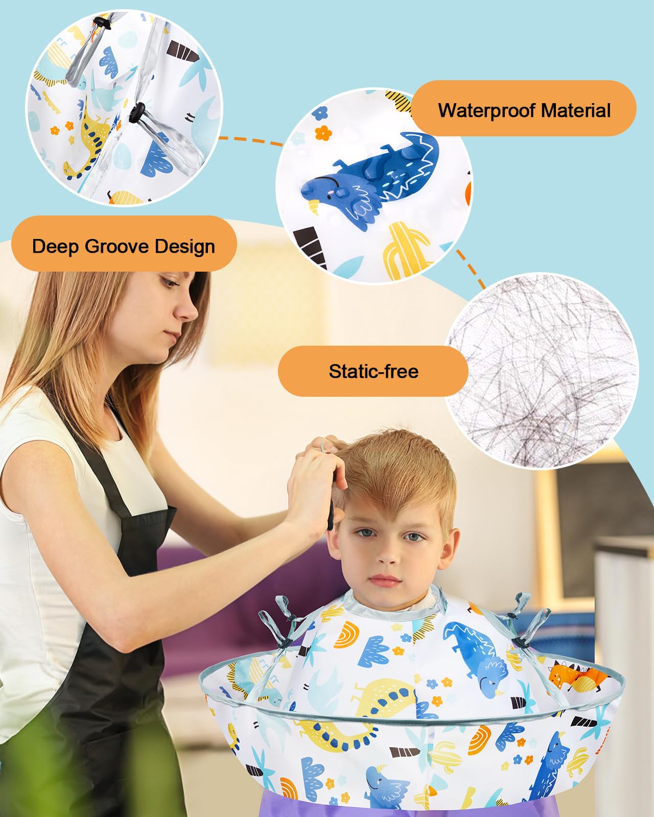 Lictin Haircut Capes Umbrella for Kids - Hair Cutting Haircut Cape Kids Waterproof Foldable Adjustment, Hairdressing Umbrella Cape Apron, Dinosaur Theme
