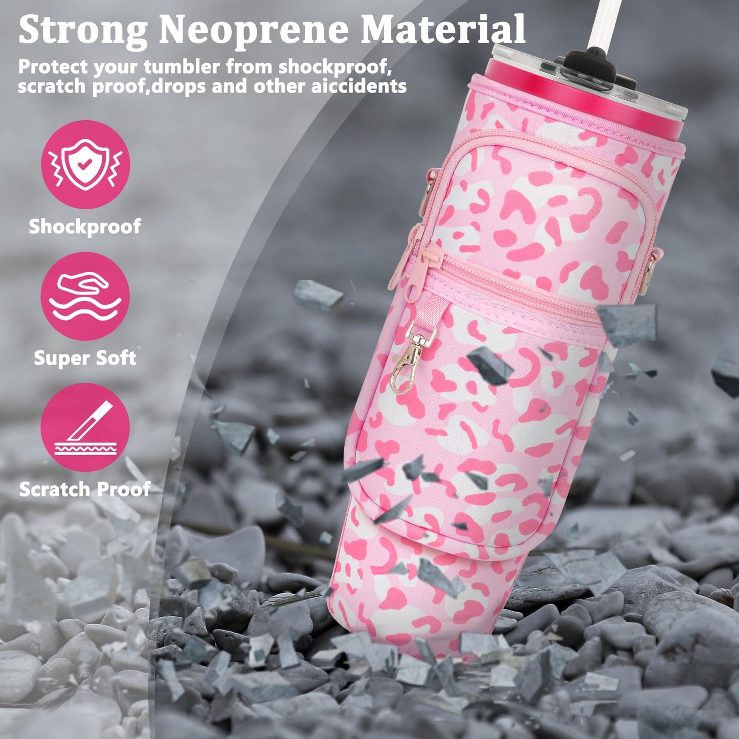 Water Bottle Carrier Bag with Phone Pocket Compatible with Stanley/Meoky 40 oz Tumbler with Handle,Neoprene Water Bottle Holder Pouch with Adjustable Strap Compatible with Stanley Cup Accessories