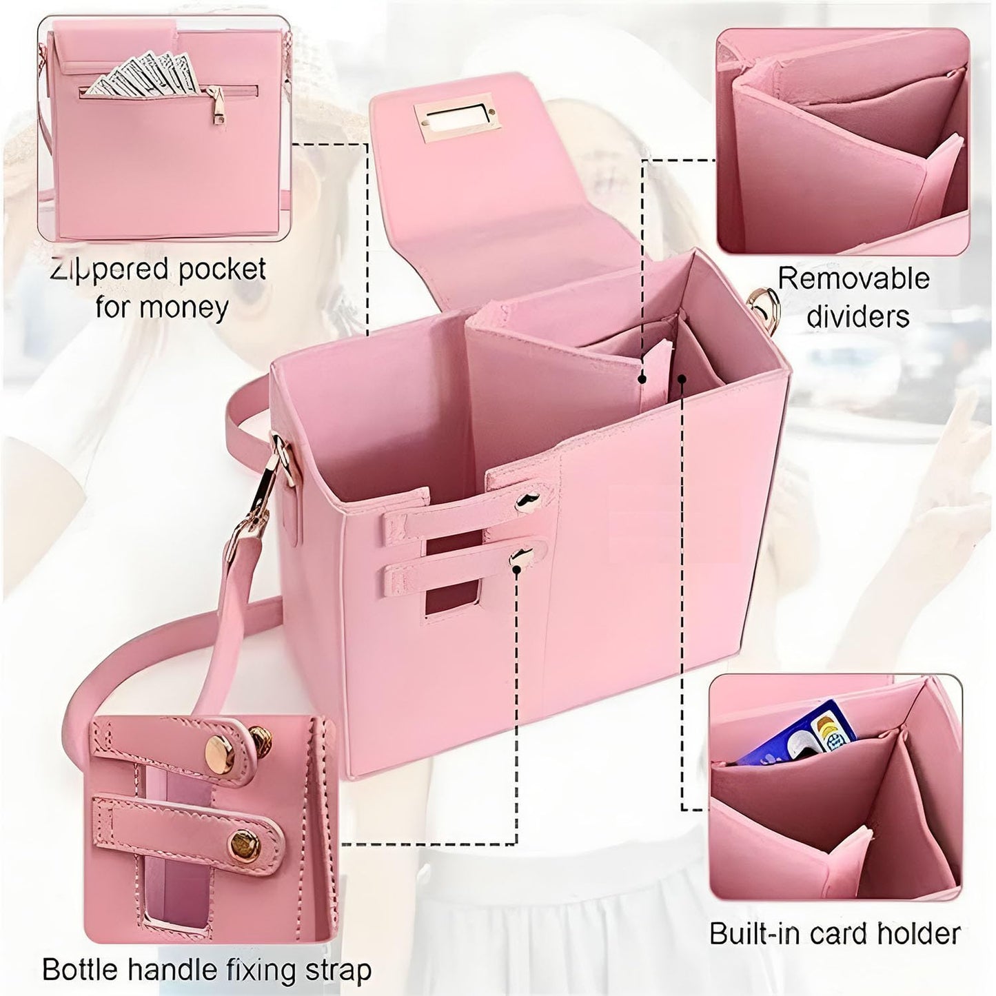 Outdoor Portable Crossbody Water Cup Storage Bag,Crossbody Cup Holder Bag,Crossbody Bag With Water Bottle Holder,for Stanley Purse Cup Holder Bag,Leather Water Bottle Bag With Adjustable Strap (Pink)