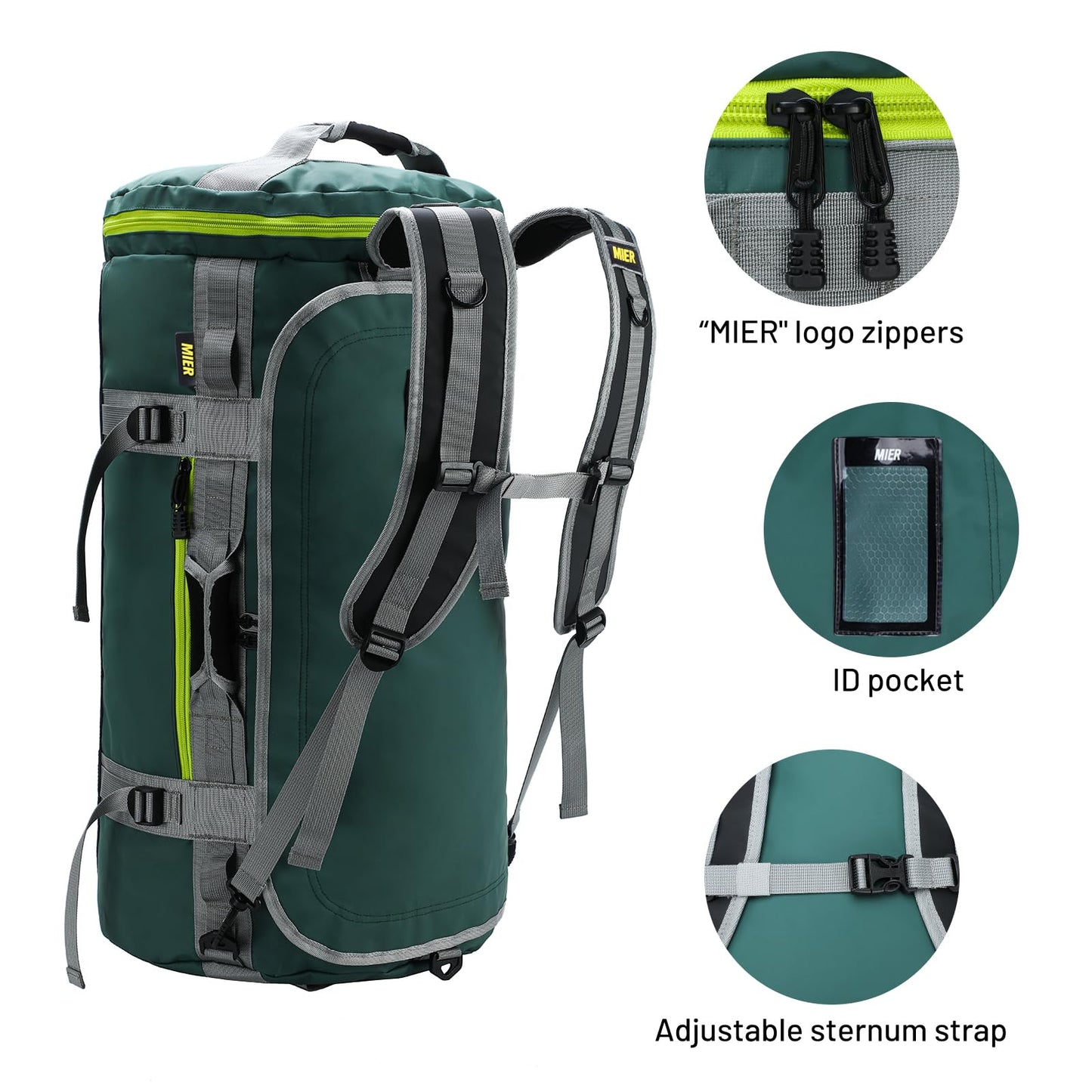 MIER Large Duffel Backpack Sports Gym Bag with Shoe Compartment, Heavy Duty and Water Resistant, Green, 45L