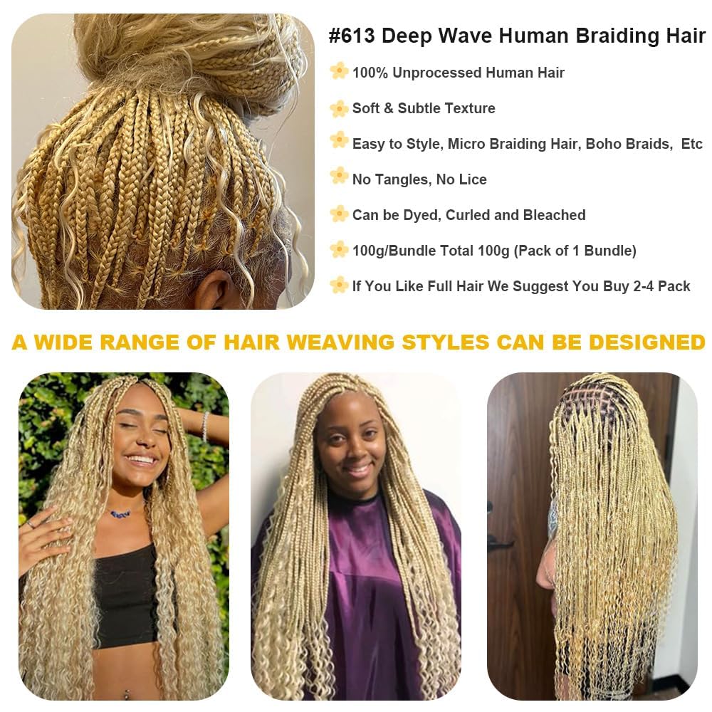613 Blonde Human Braiding Hair 2 Bundle 100g 22 Inch Deep Wave Bulk Hair for Braiding Unprocessed Brazilian Virgin Curly Human Hair Extensions for Boho Braids Wet and Wavy