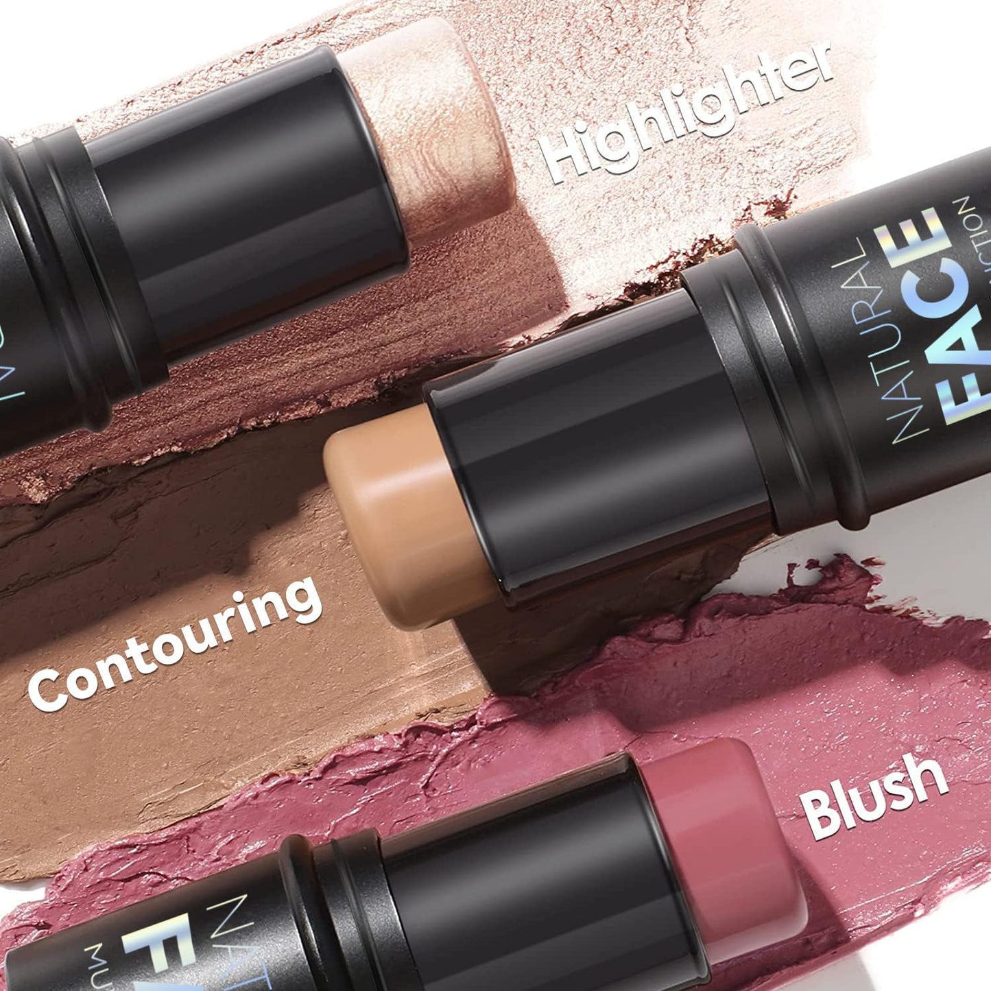 3 Pcs Face Contour Sticks Set - Shades with Highlighter & Blush Sculpted Complexion Wand - Long Lasting Natural Buildable Highlighters & Contouring Bronzer (02, 03, 04)