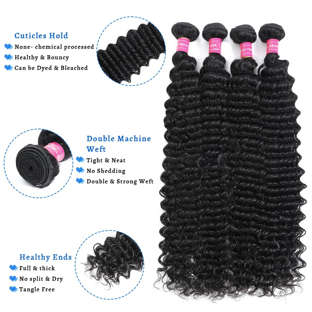 14A Deep Wave Bundles Human Hair 16 18 20 Inch, Full and Silky 100% Unprocessed Brazilian Virgin Human Hair Extensions Natural Black (Deep Wave Bundles, 16 18 20)