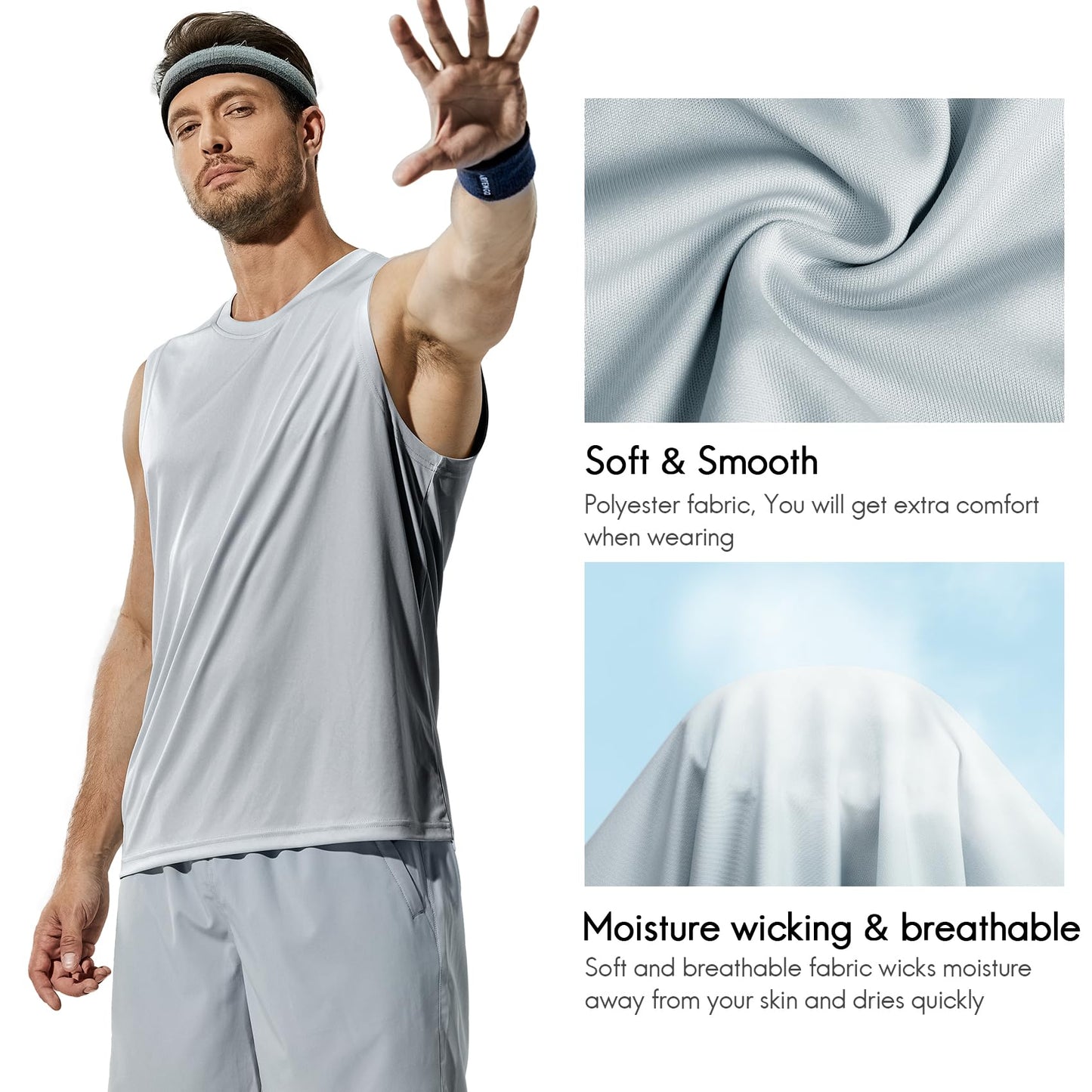 Haimont Men's Lightweight UPF 50+ Sleeveless Sun Shirts Quick Dry Hiking Running Swim Tank Tops Workout Tees,White/Black/Grey, XXXL
