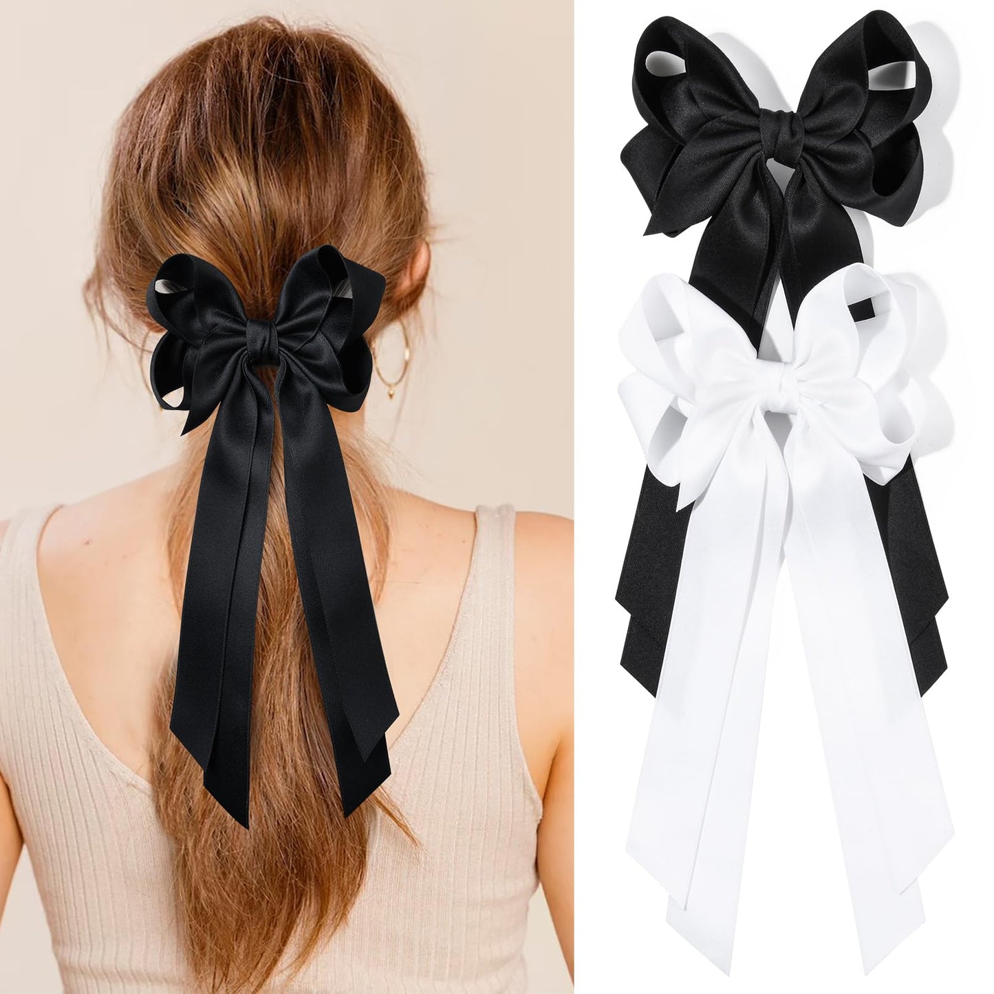 2PCS Hair Bows for Women Hair Clip Black White Hair Ribbon Accessories Slides Metal Clips Hair Bow for Women Girls Toddlers Teens Kids