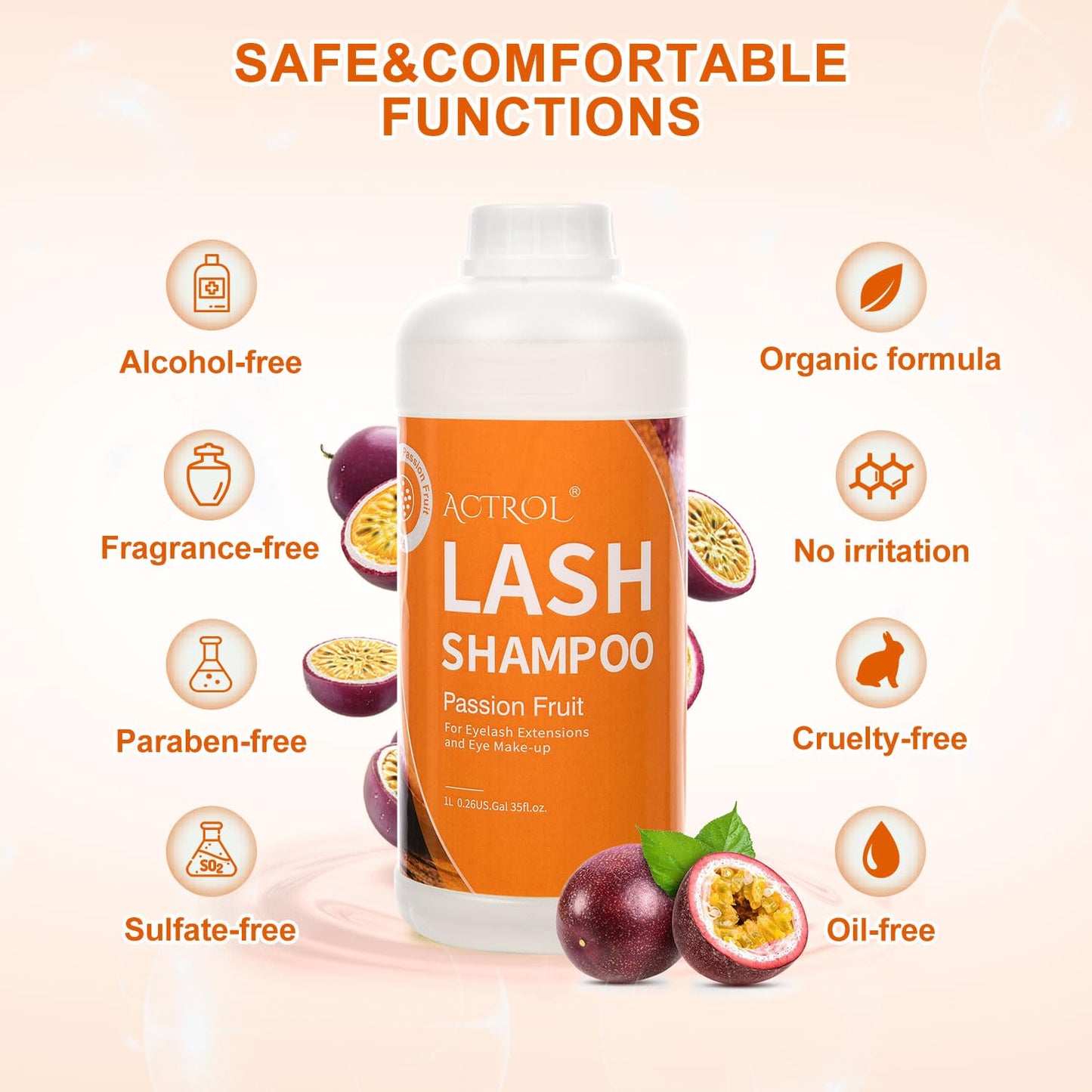 ACTROL Eyelash Extension Cleanser Passion Fruit 1L Natural Lash Extension Shampoo Professional Eyelid Foaming Cleanser Paraben & Sulfate Free Non-lrritating with Salon and Home Care