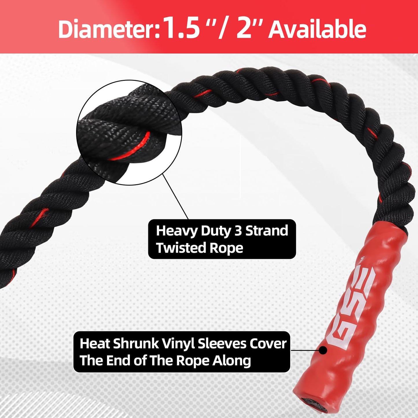 GSE Games & Sports Expert Gym Battle Rope, Heavy-Duty Workout Ropes for Indoor & Outdoor Workout. Exercise Rope for Strength Training - 30, 40, 50 Feet Lengths Available