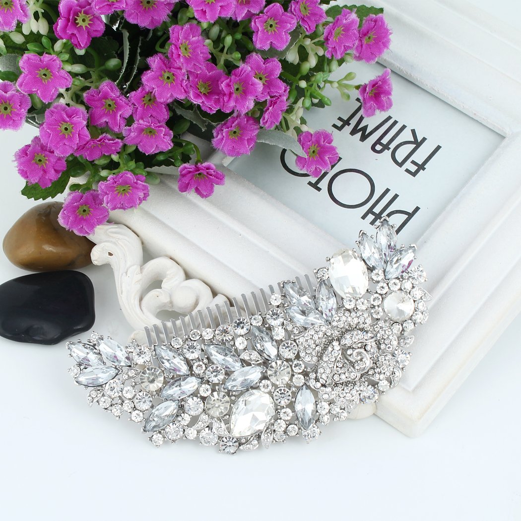 EVER FAITH Bridal Hair Accessories Crystal 5 Inch Rose Flower Bouquet Side Comb Clear Silver-Tone For Women