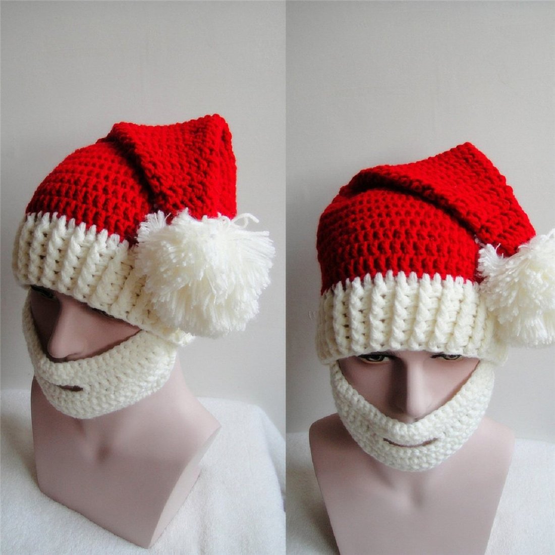 Kafeimali Unisex Christmas Winter Knitted Crochet Beanie Santa Hat with Beard Foldaway Bearded Caps (White)