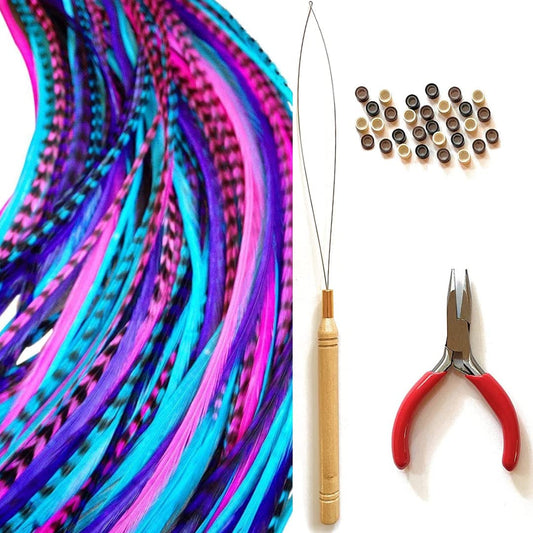 Hair Feathers and Tool Kit, Pink, Purple and Turquoise Feather Extensions with Beads, loop tool and pliers