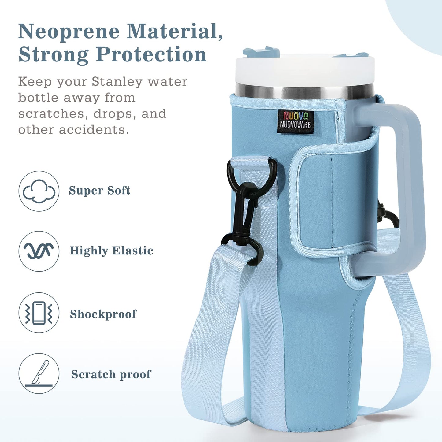 Nuovoware Water Bottle Carrier Bag Fits Stanley 40 Oz Tumbler with Handle, Water Bottle Bag with Adjustable Shoulder Strap, Neoprene Bottle Holder for Stanley Water Bottle Accessories, Blue Sea Foam