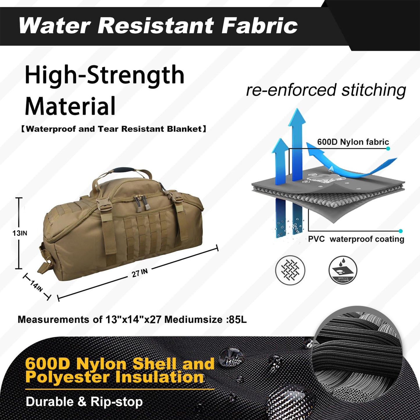 3 In 1 Tactical 85L Military Backpack Travel Duffle Bag for Weekender Gym Workout Deployment