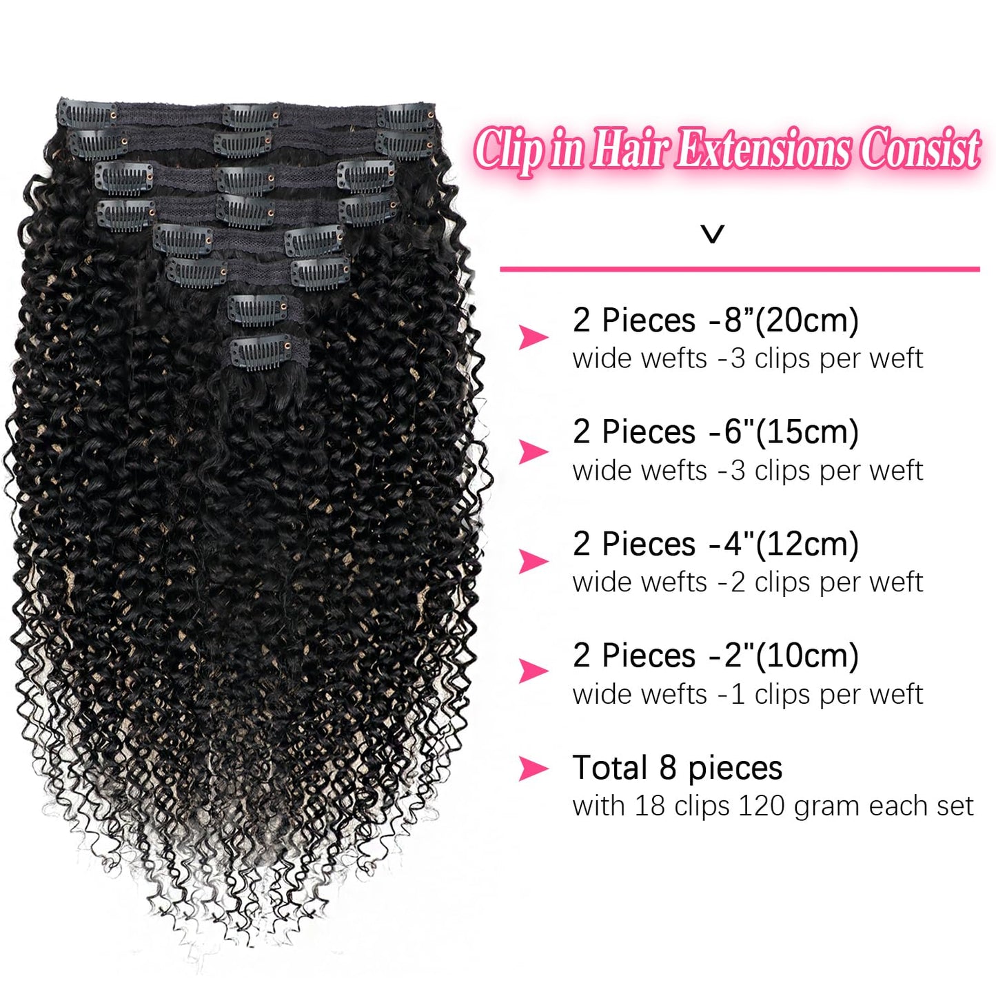 3c 4a Curly Clip in Hair Extensions Real Human hair Clip ins For Women Brazilian Virgin Curly Clip ins Human Hair Extensions Clip on Hair 8pcs/120g/pack(18inch,#1B)