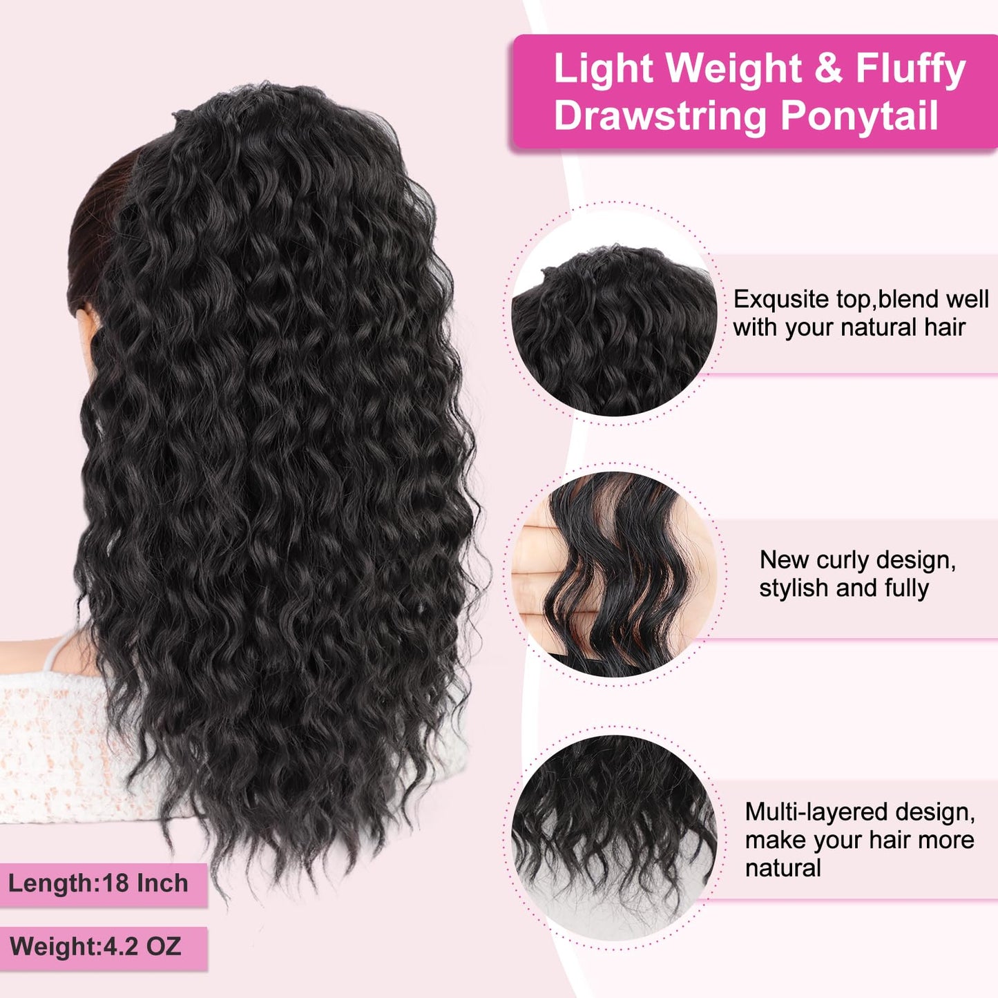 AISI BEAUTY Black Ponytail Extension Curly Drawstring Ponytail for Women Full Fake Ponytail 18 Inch Synthetic Curly Pony Tails Hair Extensions