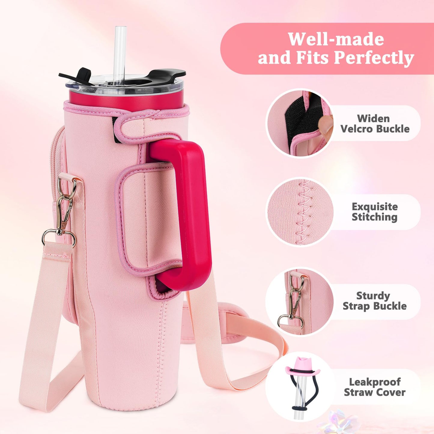 Water Bottle Carrier Bag with Phone Pocket and 2 Straw Covers Compatible with Stanley/Meoky/BrüMate 40 oz Tumbler with Handle,Water Bottle Holder with Adjustable Strap Fits for Stanley Cup Accessories