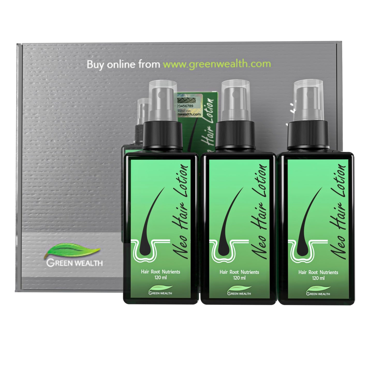 Green Wealth Neo Hair Lotion, 120 ml, Hair Regrowth Treatment Hair Growth Strengthens Damaged Hair Loss And Revitalizes Scalp Hair Care Pack of 3