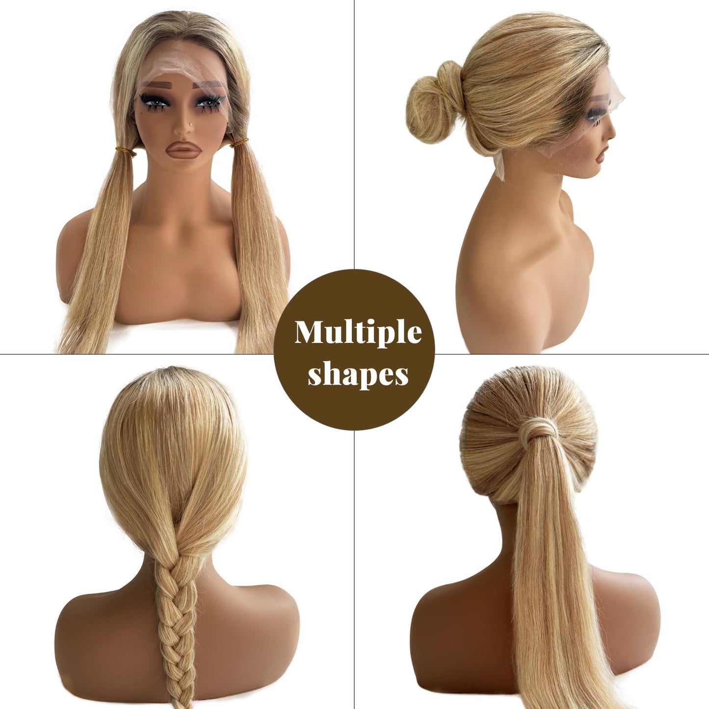13x4 Highlights Lace Front Wigs Human Hair for Women Honey Blonde Ombre Straight HD Lace Closure Wig Glueless Remy Brazilian Virgin Human Hair 18 Inch Pre Plucked Bleached Knots #4/12/613