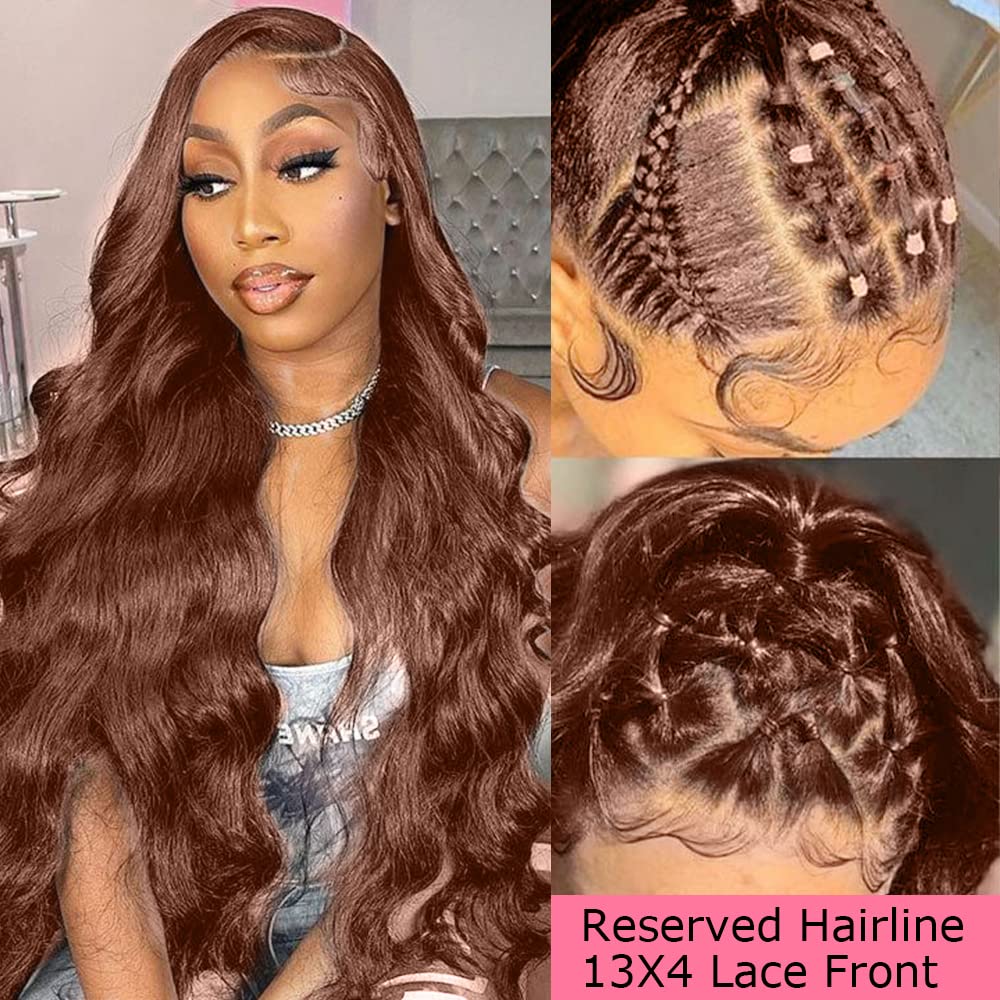 200% Density 13x4 Auburn Brown Body Wave Lace FrontWigs Chestnut Brown Colored Human HairWigs For WomenHD Transparent Lace FrontWig Human Hairwith Baby Hair(28 Inch,13x4 BrownLace Front Wig HumanHair)