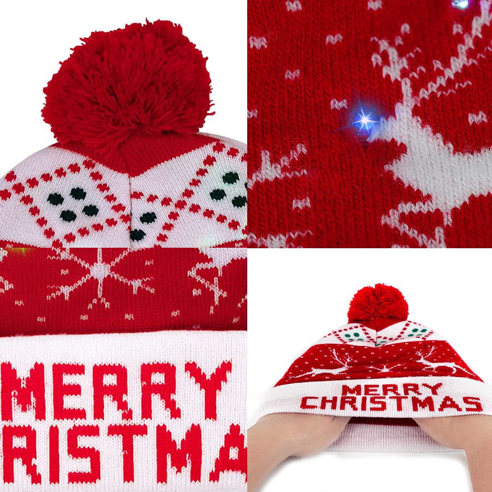 OurWarm LED Christmas Hat, Light Up Christmas Hat Unisex Blue Knitted Beanie Holiday Hat with Snowman Printing for Party