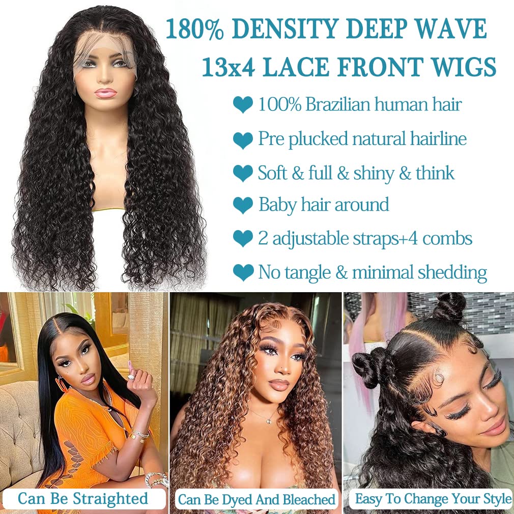 180% Density Deep Wave Lace Front Wig Human Hair 13X4 HD Transparent Lace Front Wigs For Women Human Hair Glueless Wigs Human Hair Pre Plucked Natural Brazilian Human Hair Wigs With Baby Hair 22 inch