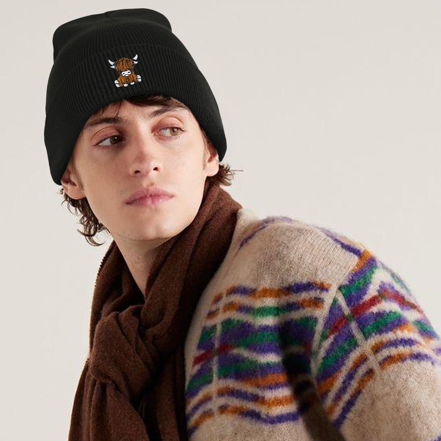 gswirmchsq Scottish Highland Cow Beanie Hat Black, Cute Funny Cow Embroidery Winter Knit Skull Cap for Adult Men Women